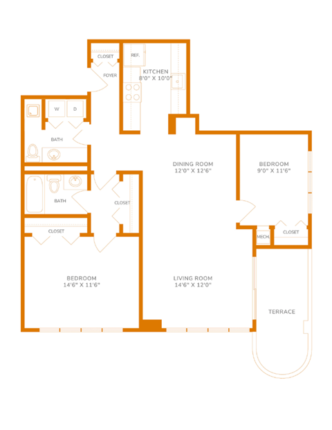 1040 Sq. Ft. Unit - 2 Bedroom 2.15 Bath Floor Plan - Unit B1A at The Paramount, Arlington, 22202